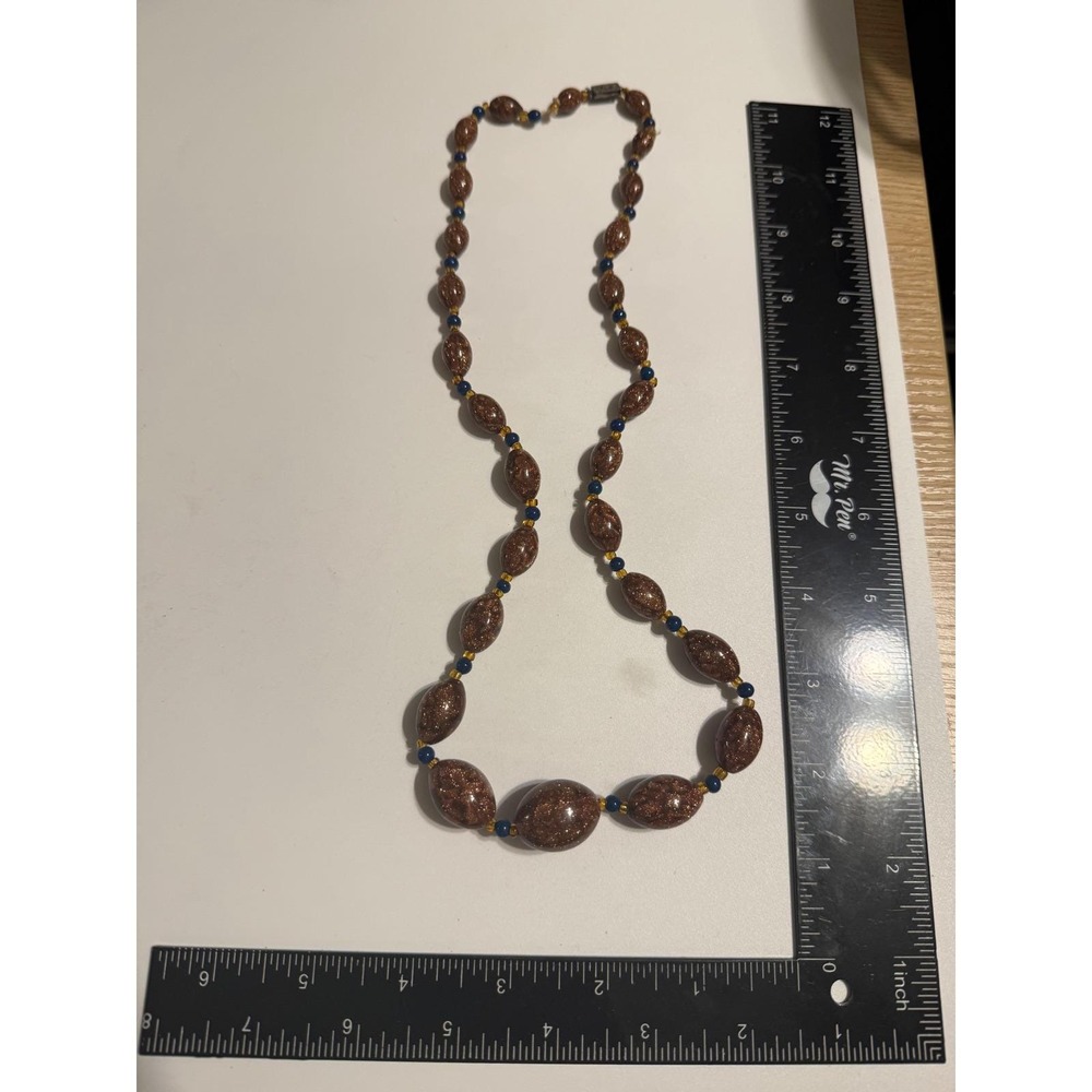 Vintage Goldstone Beaded Necklace Sterling Silver Filigree Clasp Blue Spacer 22"
